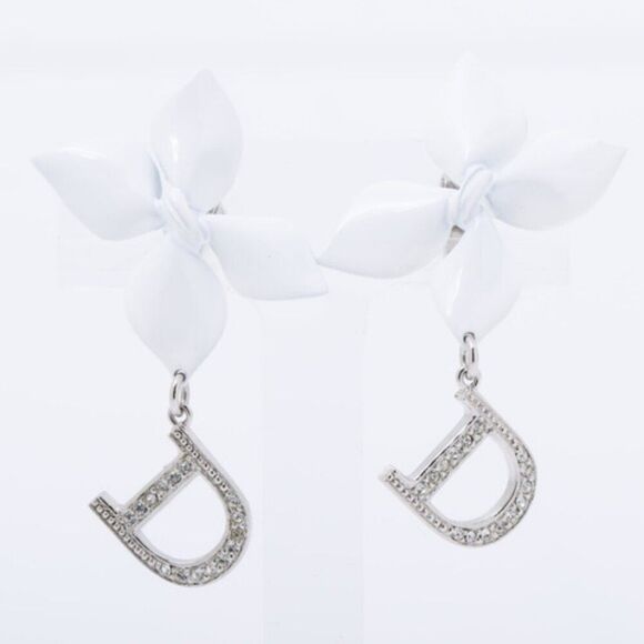 Stunning Dior White Flower Crystal D Drop Silver Clip on Earrings 🌸✨ - Picture 2 of 8
